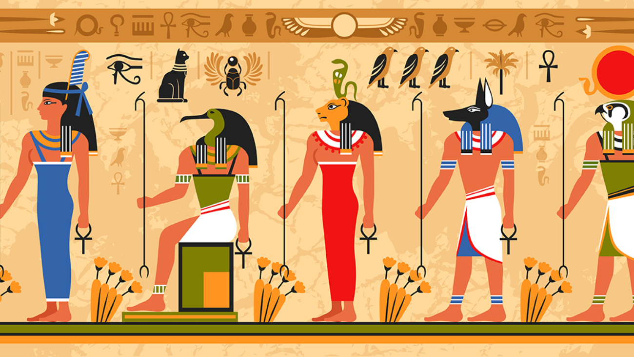 Colored border pattern on egypt theme with ancient egyptian deities and occult symbols flat vector illustration