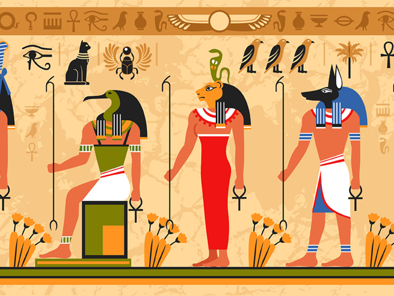 Colored border pattern on egypt theme with ancient egyptian deities and occult symbols flat vector illustration