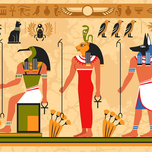 Colored border pattern on egypt theme with ancient egyptian deities and occult symbols flat vector illustration