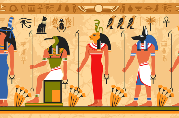 Colored border pattern on egypt theme with ancient egyptian deities and occult symbols flat vector illustration