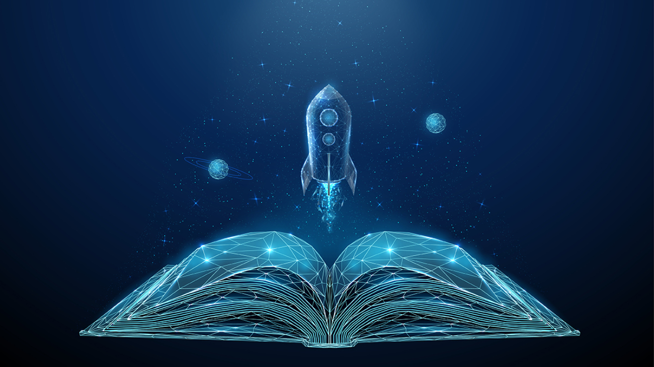 Open book and flying rocket with stars and planets. Low poly style design. Abstract geometric background. Wireframe light connection structure. Modern 3d graphic concept. Isolated vector illustration.