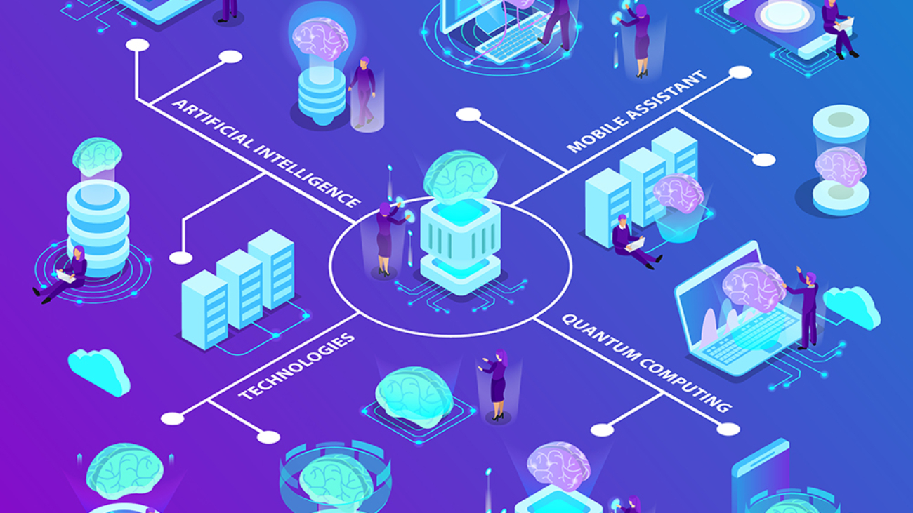 Artificial intelligence isometric flowchart with set of glow icons illustrated modern innovative technologies used in quantum computing and mobile software vector illustration