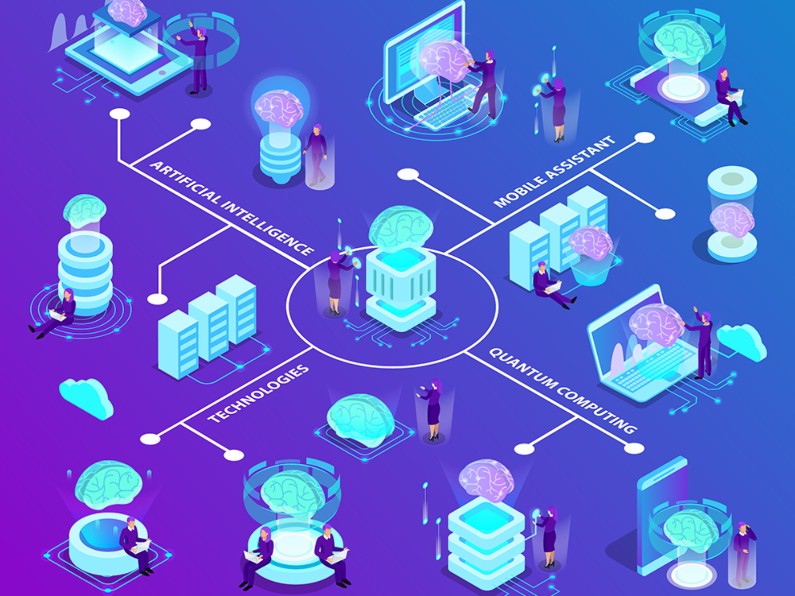 Artificial intelligence isometric flowchart with set of glow icons illustrated modern innovative technologies used in quantum computing and mobile software vector illustration