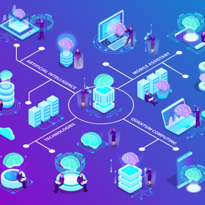 Artificial intelligence isometric flowchart with set of glow icons illustrated modern innovative technologies used in quantum computing and mobile software vector illustration