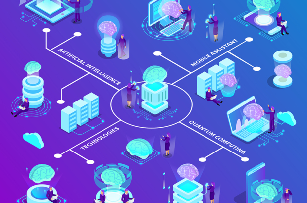 Artificial intelligence isometric flowchart with set of glow icons illustrated modern innovative technologies used in quantum computing and mobile software vector illustration