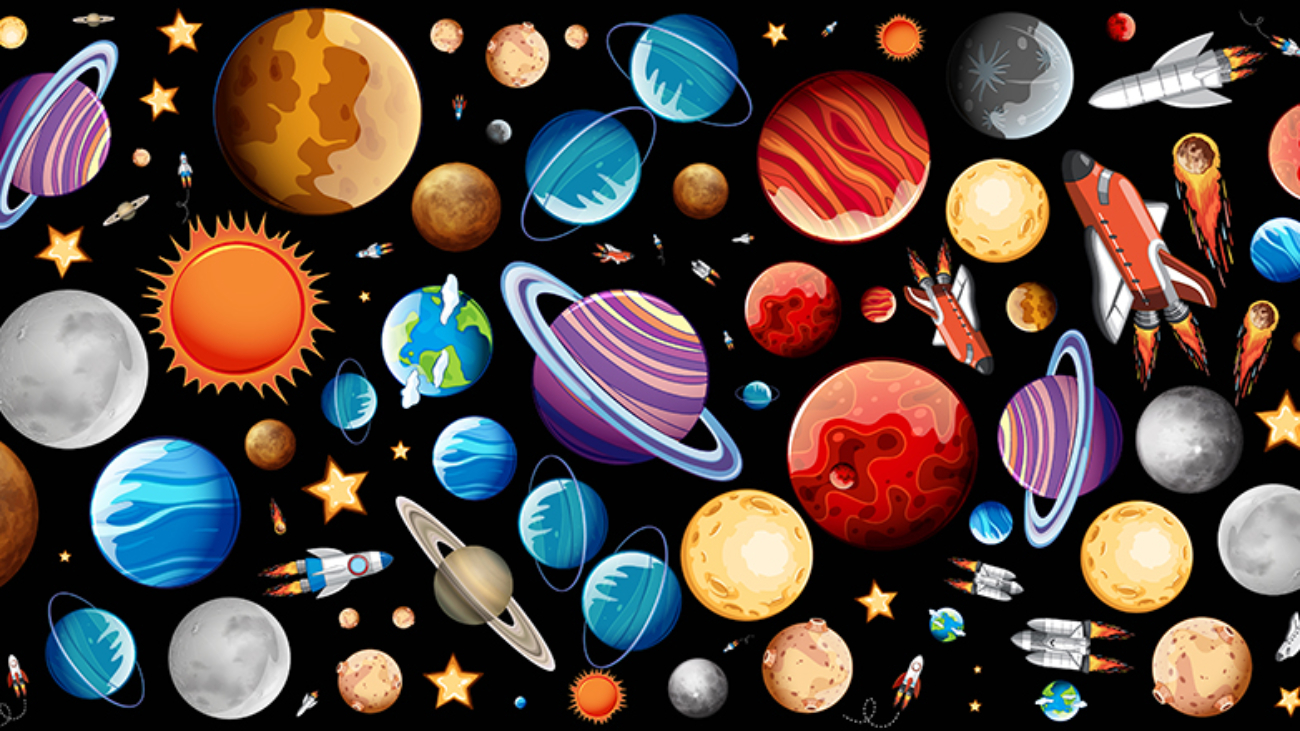 Background design with many planets in space illustration