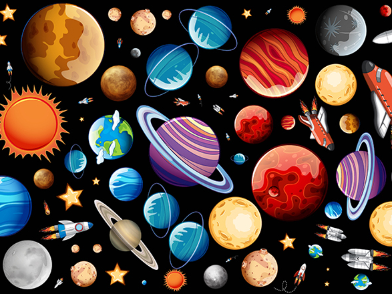 Background design with many planets in space illustration