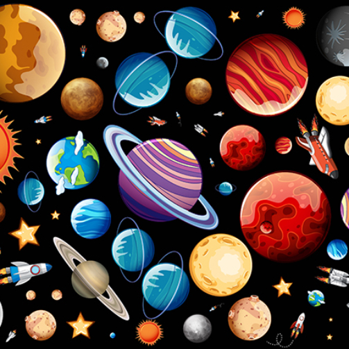 Background design with many planets in space illustration