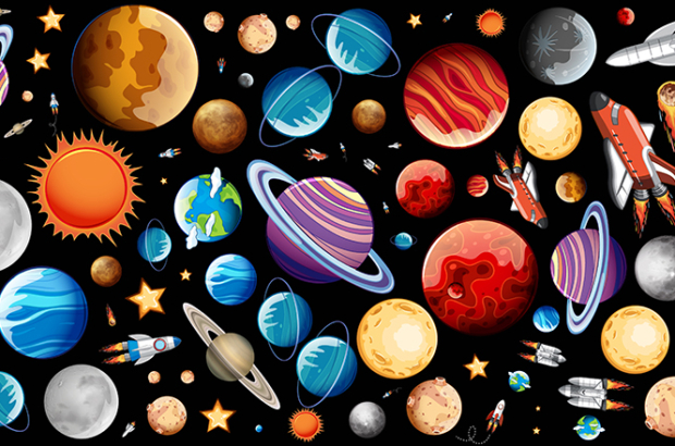 Background design with many planets in space illustration