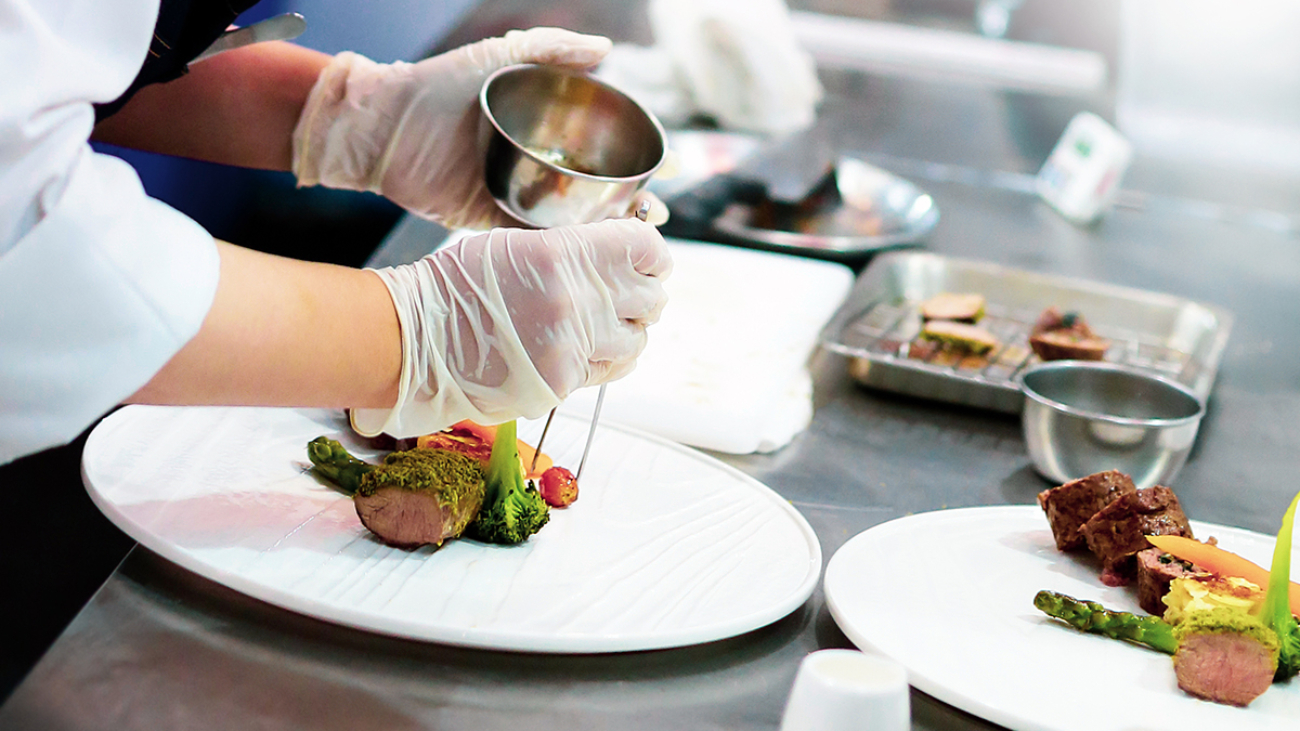 Chef preparing food, meal, in the kitchen, chef cooking, Chef decorating dish, closeup