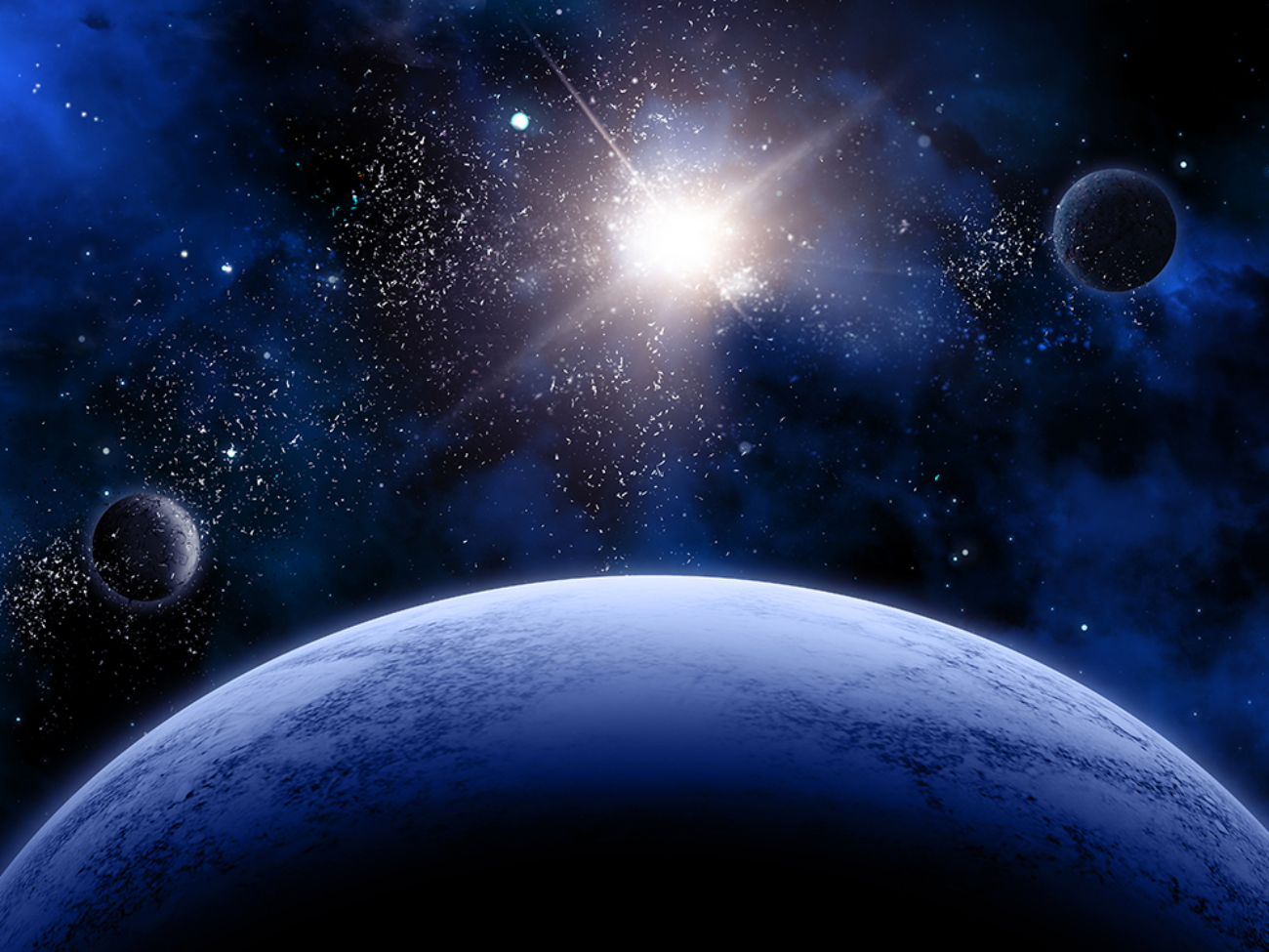 3D space scene with fictional planets and stars