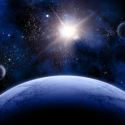 3D space scene with fictional planets and stars