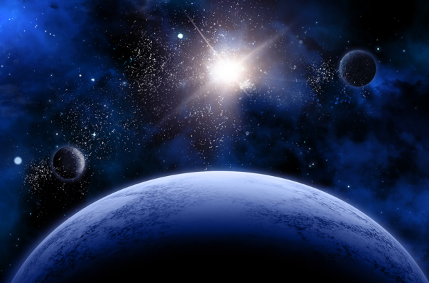 3D space scene with fictional planets and stars