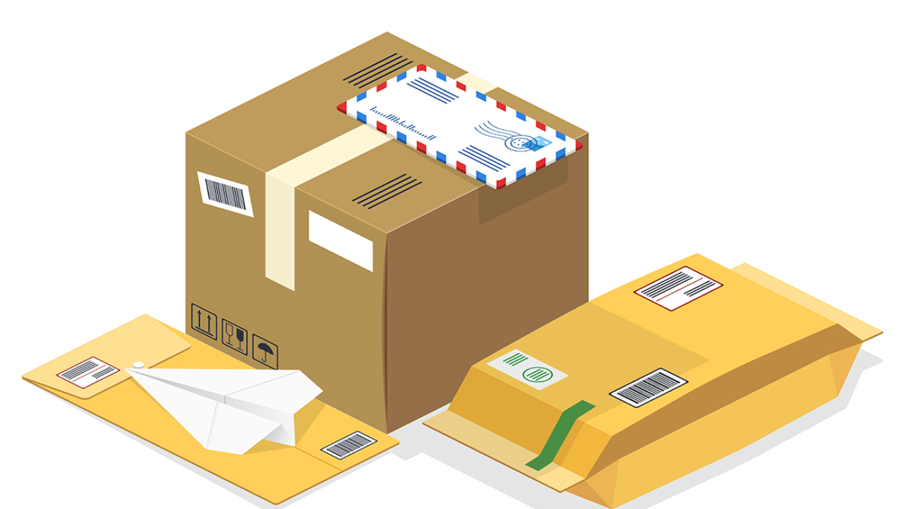 Vector realistic isometric illustration, a set of postal parcels, packages, registered letters, mails ready for fast delivery to the recipient, isolated on white background