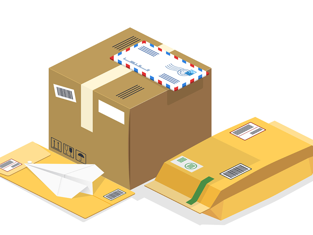 Vector realistic isometric illustration, a set of postal parcels, packages, registered letters, mails ready for fast delivery to the recipient, isolated on white background