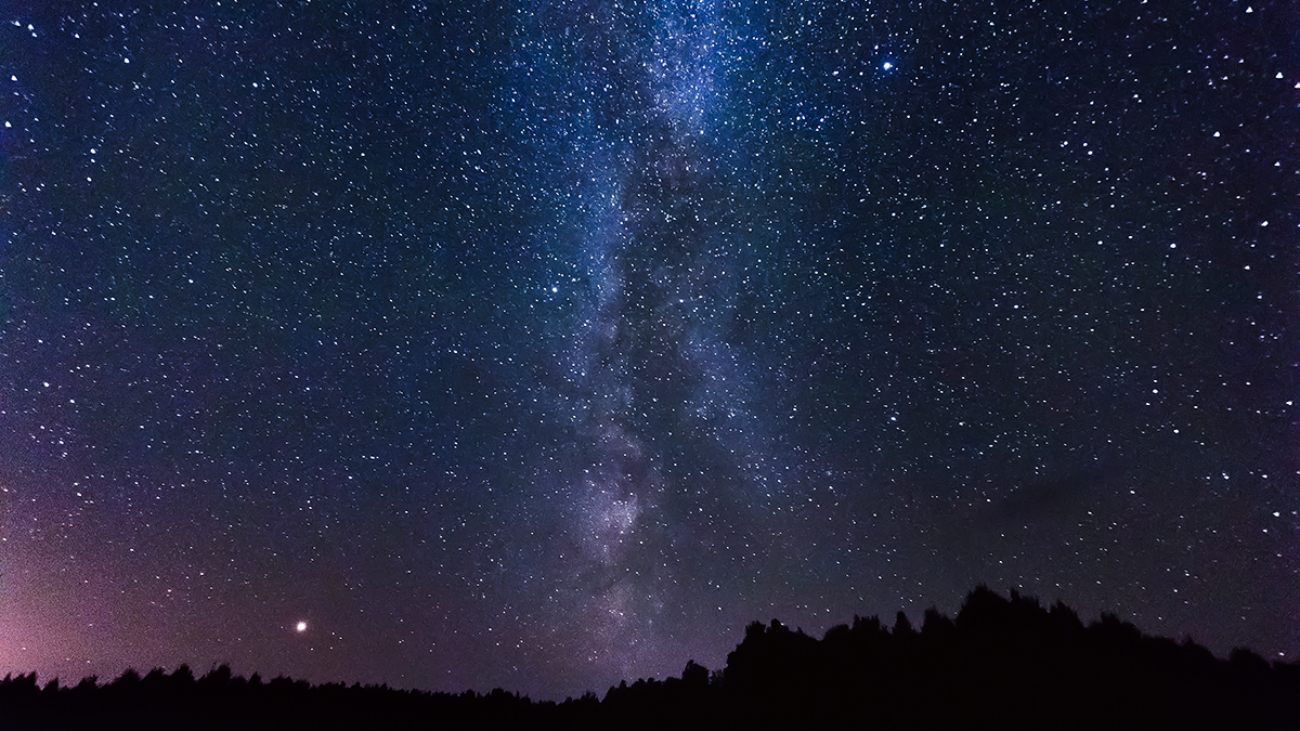 Starry sky, milky way, beautiful landscape, night time, Belarus.