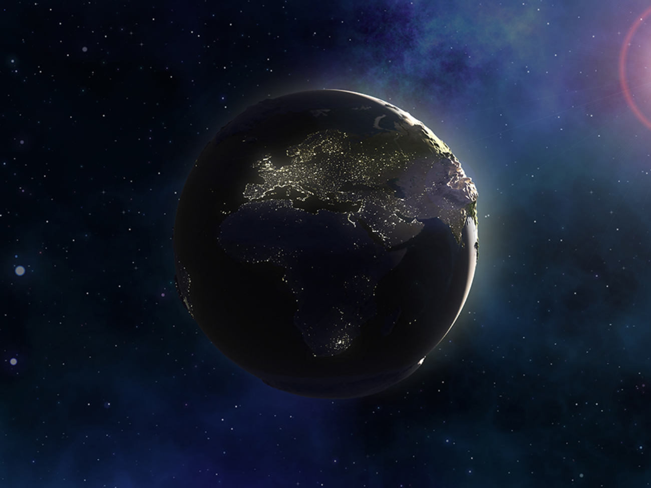 3D render of a space background with Earth in nebula sky