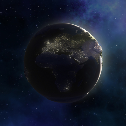 3D render of a space background with Earth in nebula sky