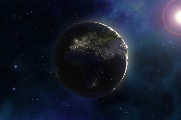 3D render of a space background with Earth in nebula sky